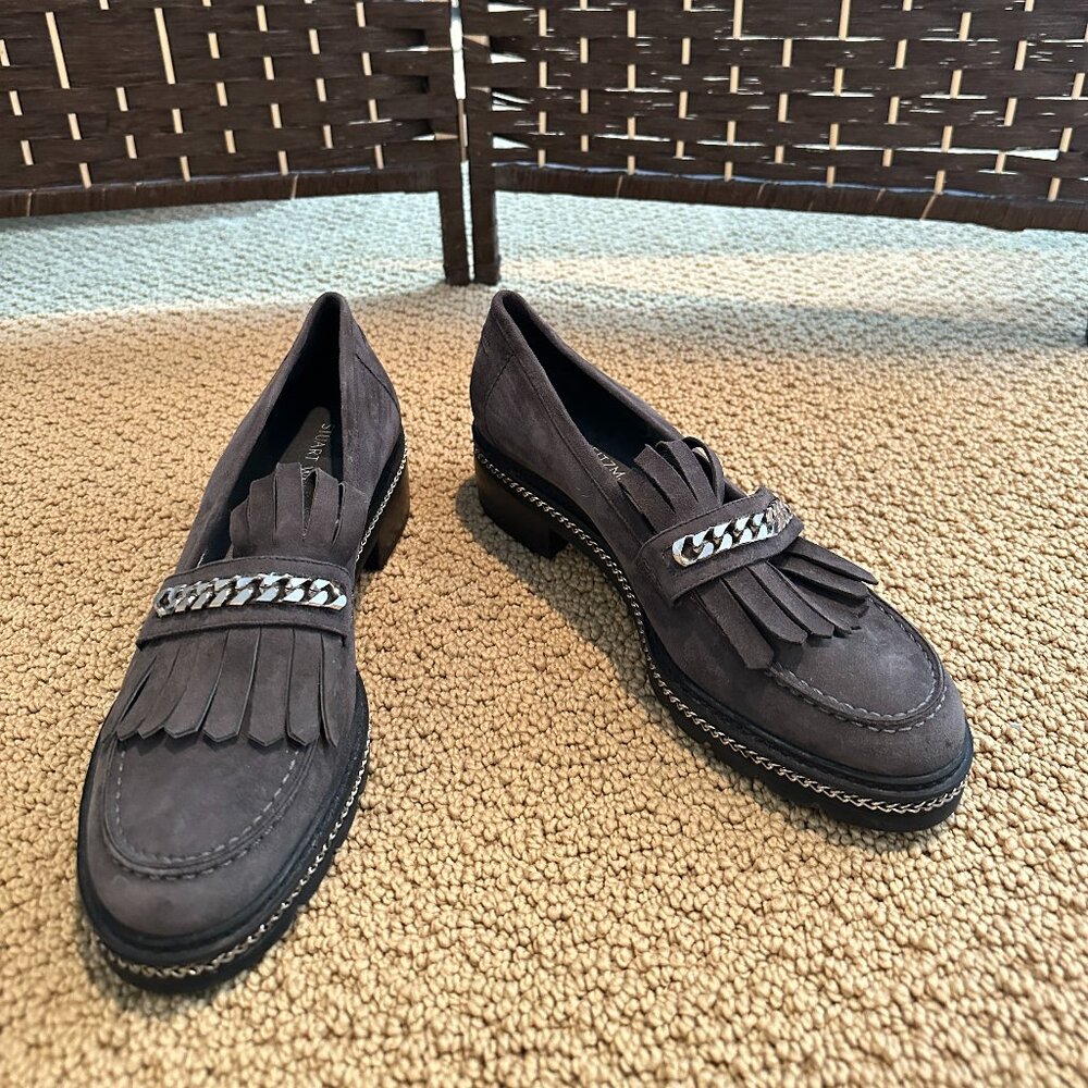 Stuart Weitzman Suede Kiltie Chain Loafers in Charcoal